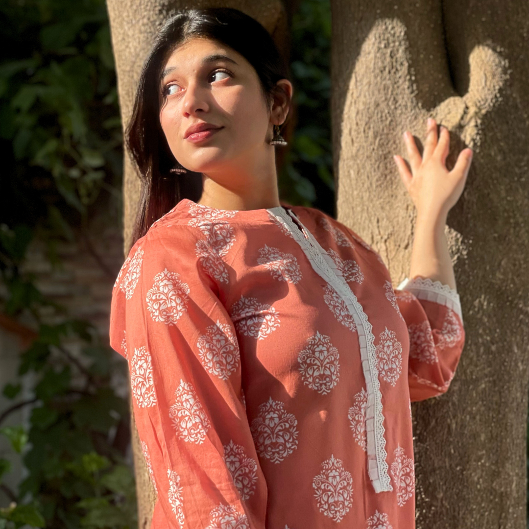 2-piece Printed Coral Lawn Dress with Patyala Style Bottom