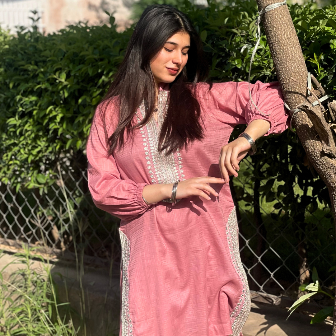 2-piece Embroidered Tea Pink Tarkashi Lawn with Farshi Shalwar