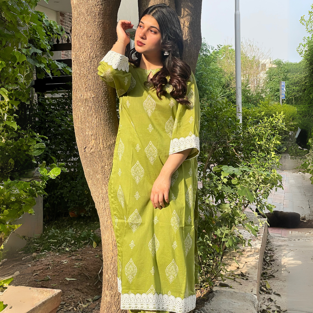 2-piece Digital Printed Green Lawn Dress with Plazo