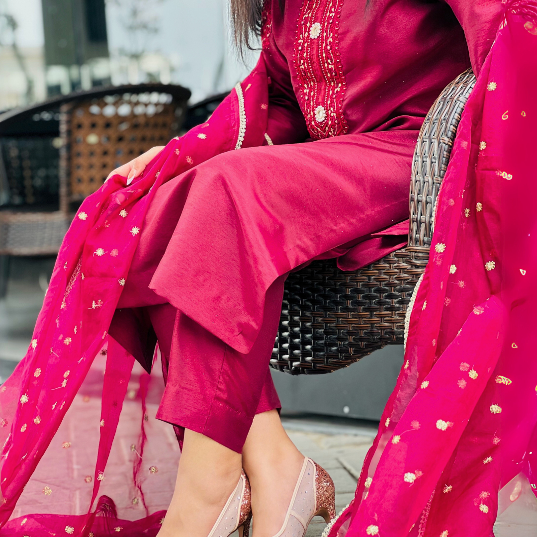 3-piece Embroidered Burgundy Raw Silk Dress