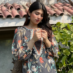 2-piece Printed Chiffon Dark Grey Dress