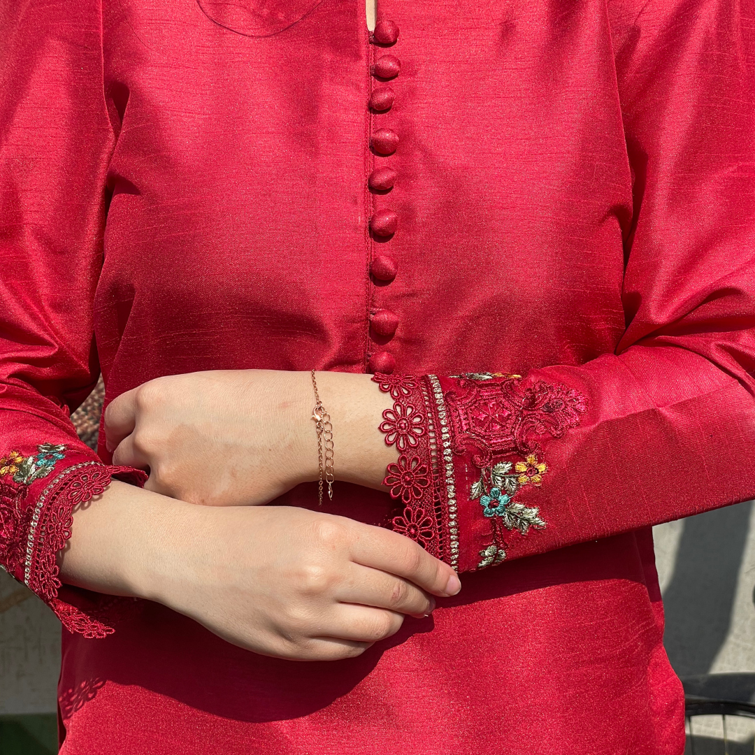 3-piece Embroidered Red Raw Silk Dress
