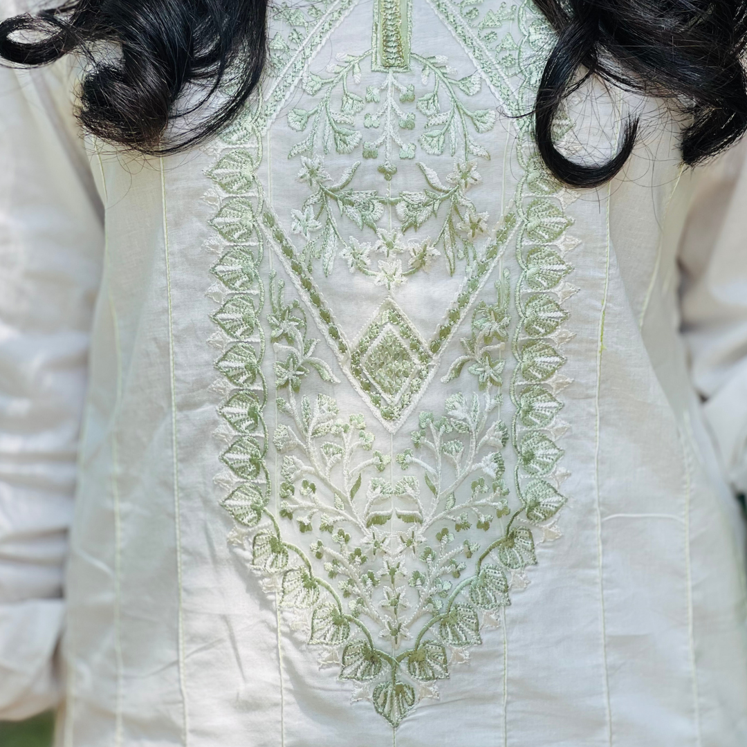 3-piece Embroidered White Lawn Dress with Apple Green Chiffon Dupatta
