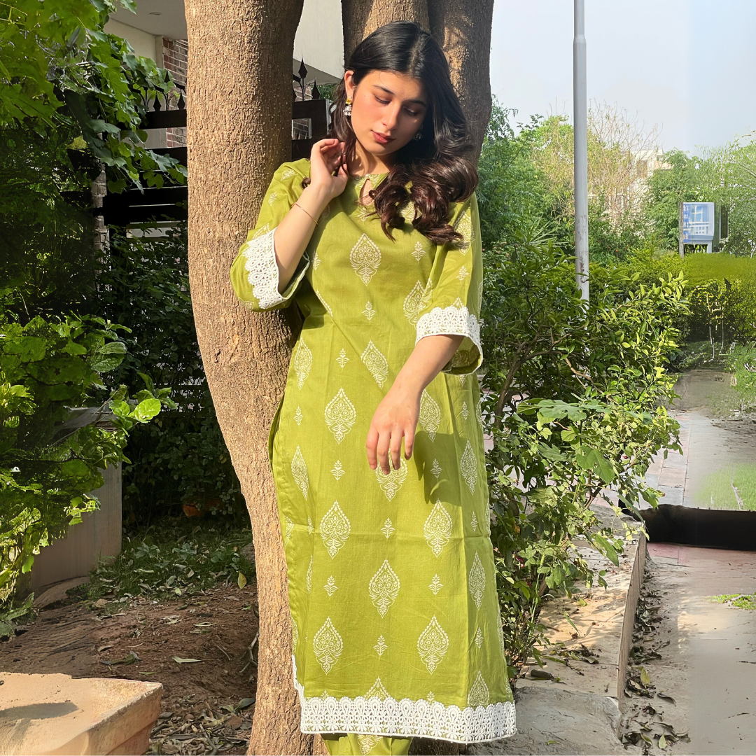2-piece Digital Printed Green Lawn Dress with Plazo