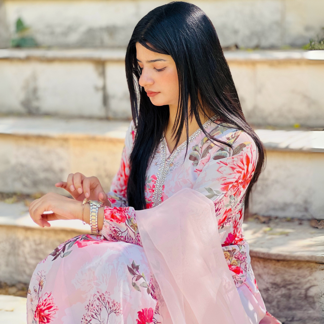 3-piece Bead-worked Pink Printed Chiffon Dress