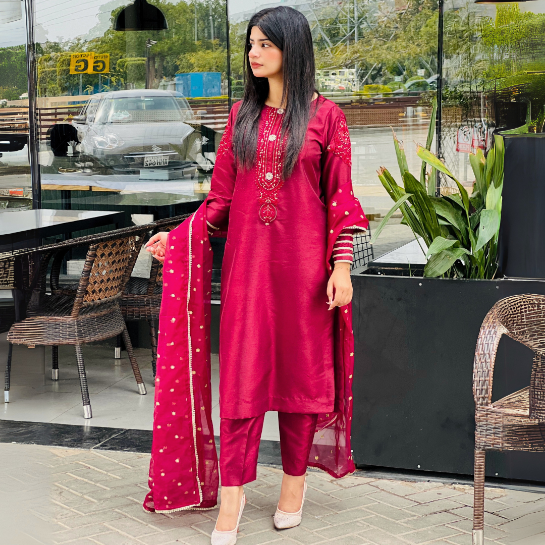 3-piece Embroidered Burgundy Raw Silk Dress
