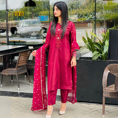 3-piece Embroidered Burgundy Raw Silk Dress