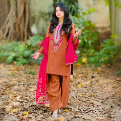3-piece Embroidered Brown Raw Silk Dress