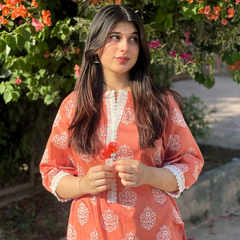 2-piece Printed Coral Lawn Dress with Patyala Style Bottom