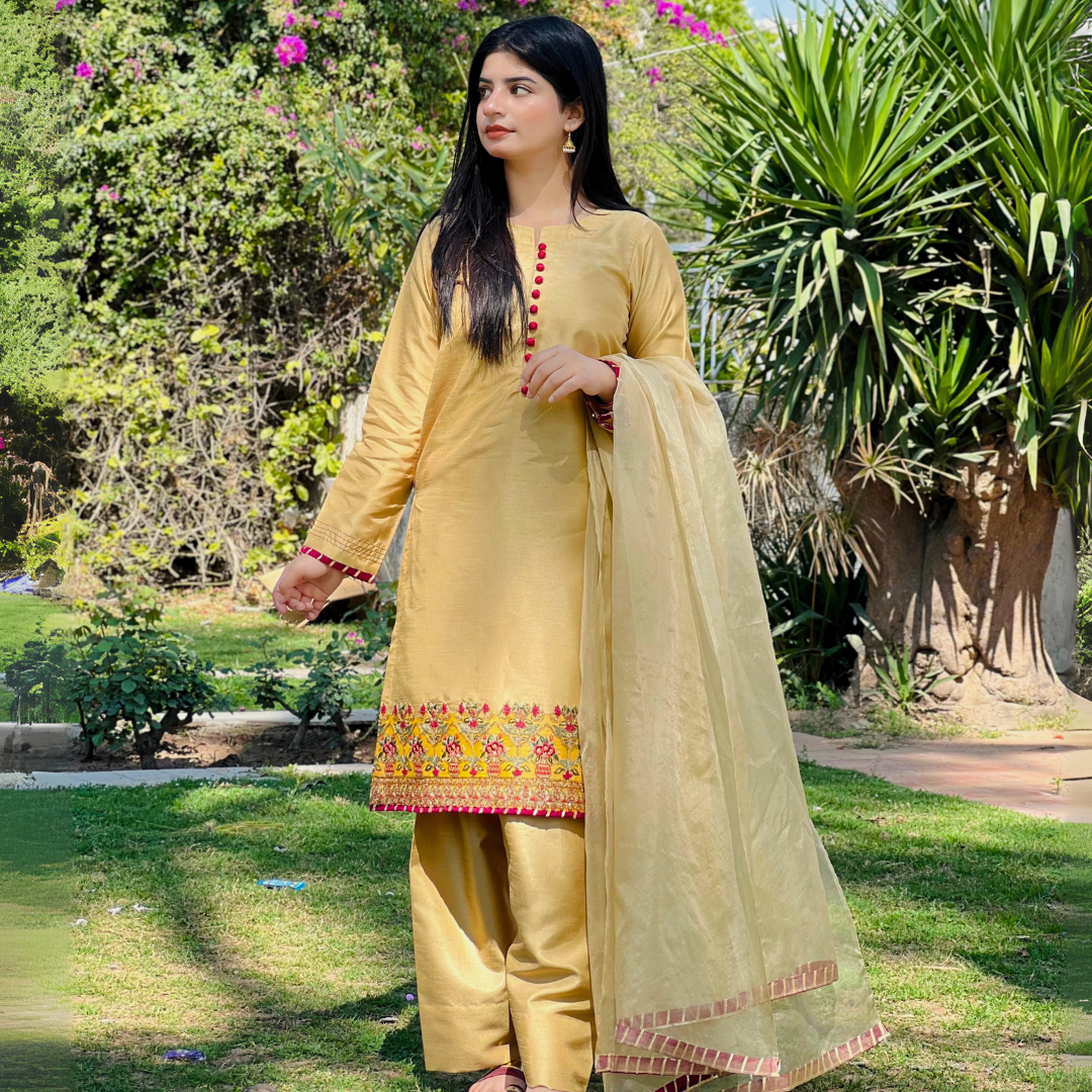 3-piece Embroidered Mustard Yellow Raw Silk Dress