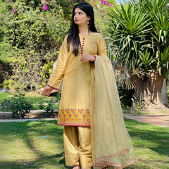3-piece Embroidered Mustard Yellow Raw Silk Dress