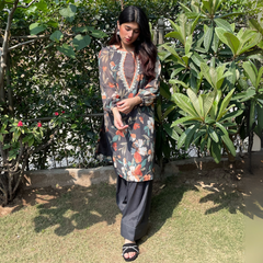 2-piece Printed Chiffon Dark Grey Dress