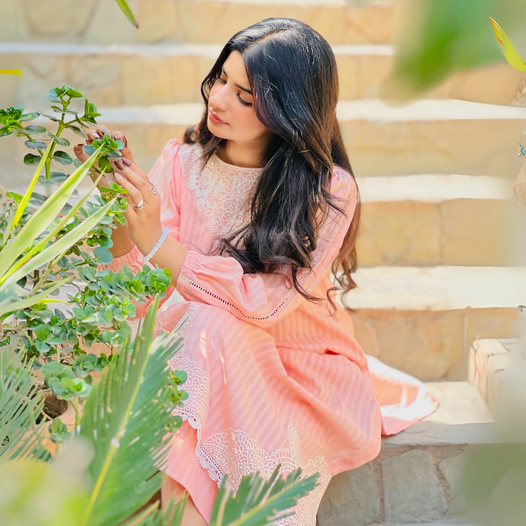 2-piece Peach Self Tarkashi Lawn Dress with Embroidered Patches