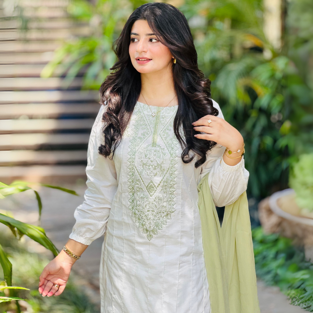 3-piece Embroidered White Lawn Dress with Apple Green Chiffon Dupatta