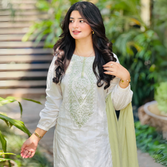 3-piece Embroidered White Lawn Dress with Apple Green Chiffon Dupatta