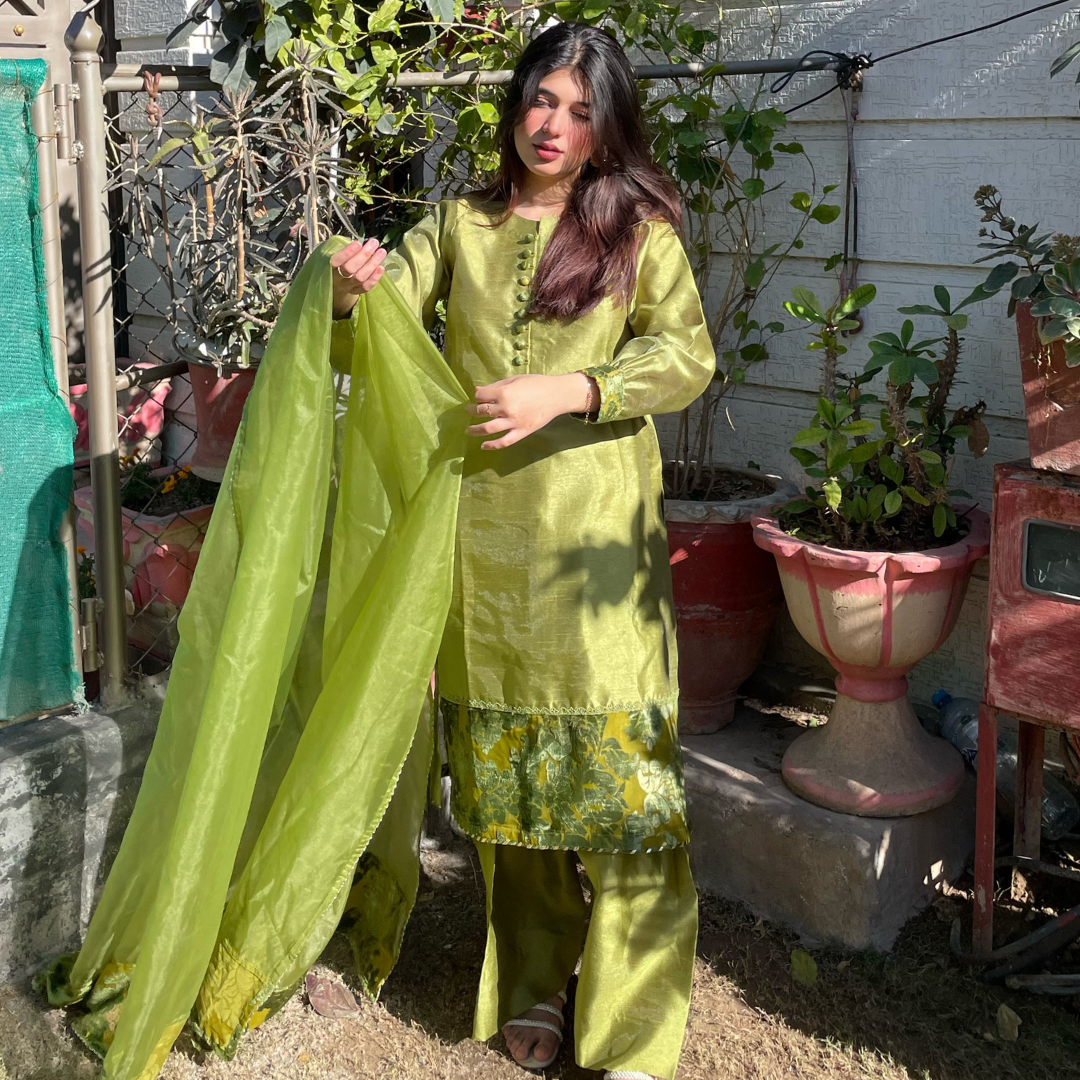 3-piece Apple Green Raw Silk Dress with Plachi Details
