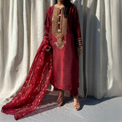 3-piece Embroidered Maroon Raw Silk Dress