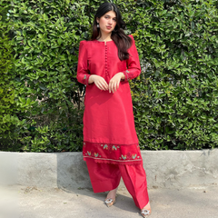3-piece Embroidered Red Raw Silk Dress