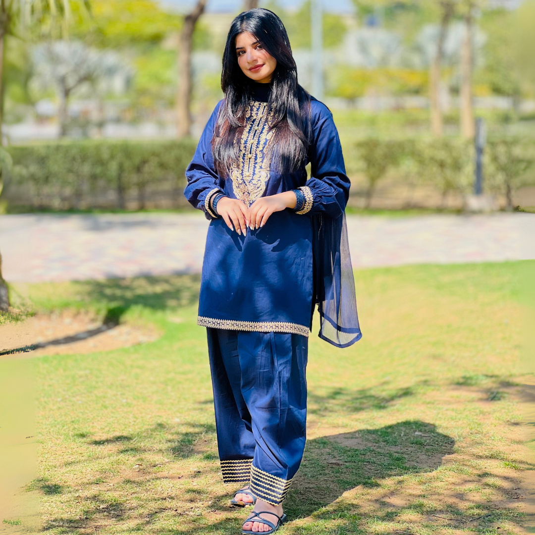 3-piece Embroidered Navy Blue Lawn Short Dress