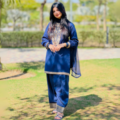 3-piece Embroidered Navy Blue Lawn Short Dress
