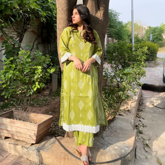 2-piece Digital Printed Green Lawn Dress with Plazo