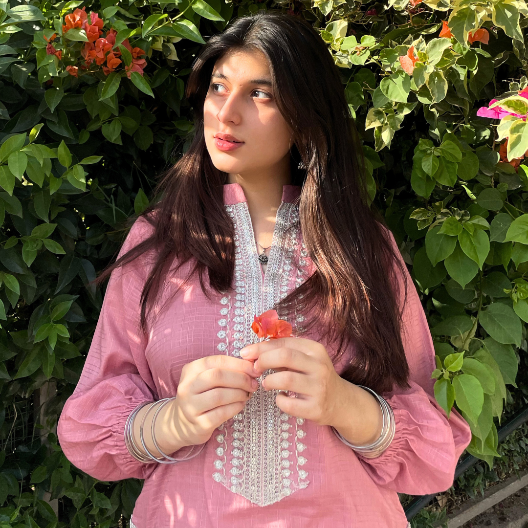 2-piece Embroidered Tea Pink Tarkashi Lawn with Farshi Shalwar