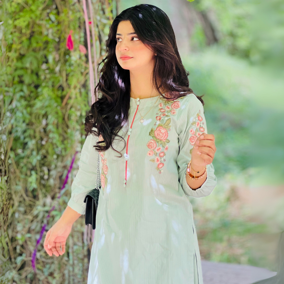 2-piece Embroidered Pistachio Green Doria Lawn Dress with Farshi Shalwar