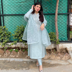3-piece Embroidered Ice Blue Raw Silk Dress