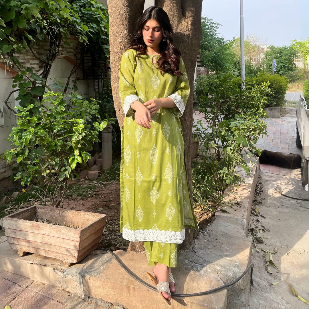 2-piece Digital Printed Green Lawn Dress with Plazo