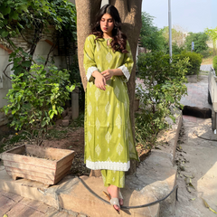 2-piece Digital Printed Green Lawn Dress with Plazo