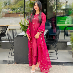 3-piece Embroidered Burgundy Raw Silk Dress