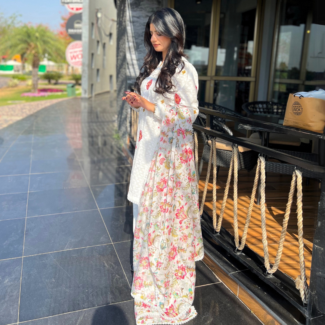 3-piece Embroidered White Chikankari Dress