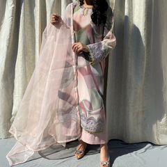 3-piece Embroidered Powder Pink Printed Chiffon Dress