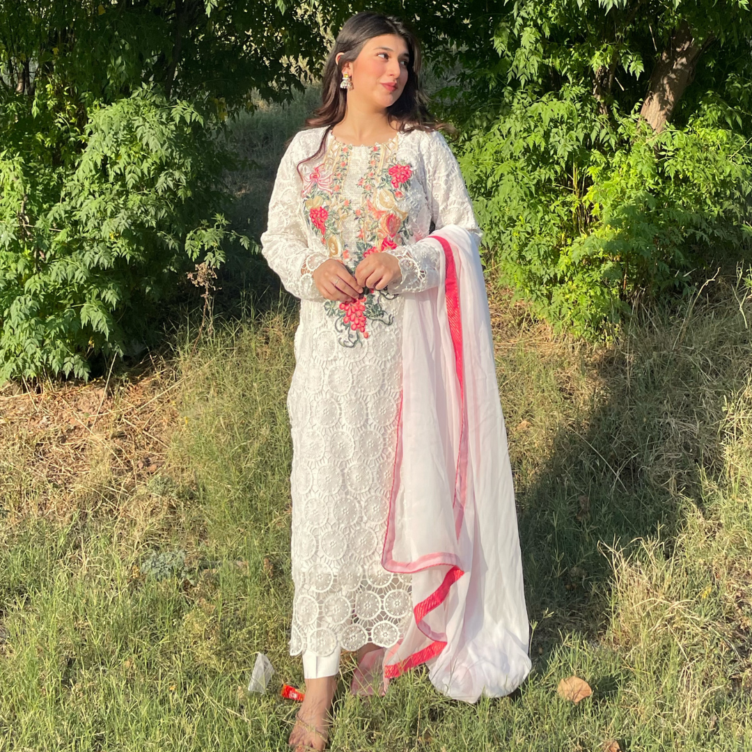 3-piece Embroidered White Crochet Net Dress with Lawn Inner