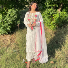 3-piece Embroidered White Crochet Net Dress with Lawn Inner