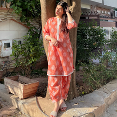 2-piece Printed Coral Lawn Dress with Patyala Style Bottom