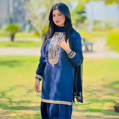 3-piece Embroidered Navy Blue Lawn Short Dress
