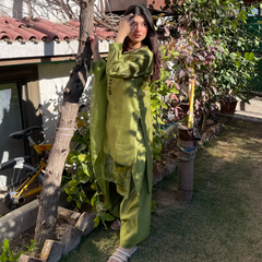 3-piece Apple Green Raw Silk Dress with Plachi Details