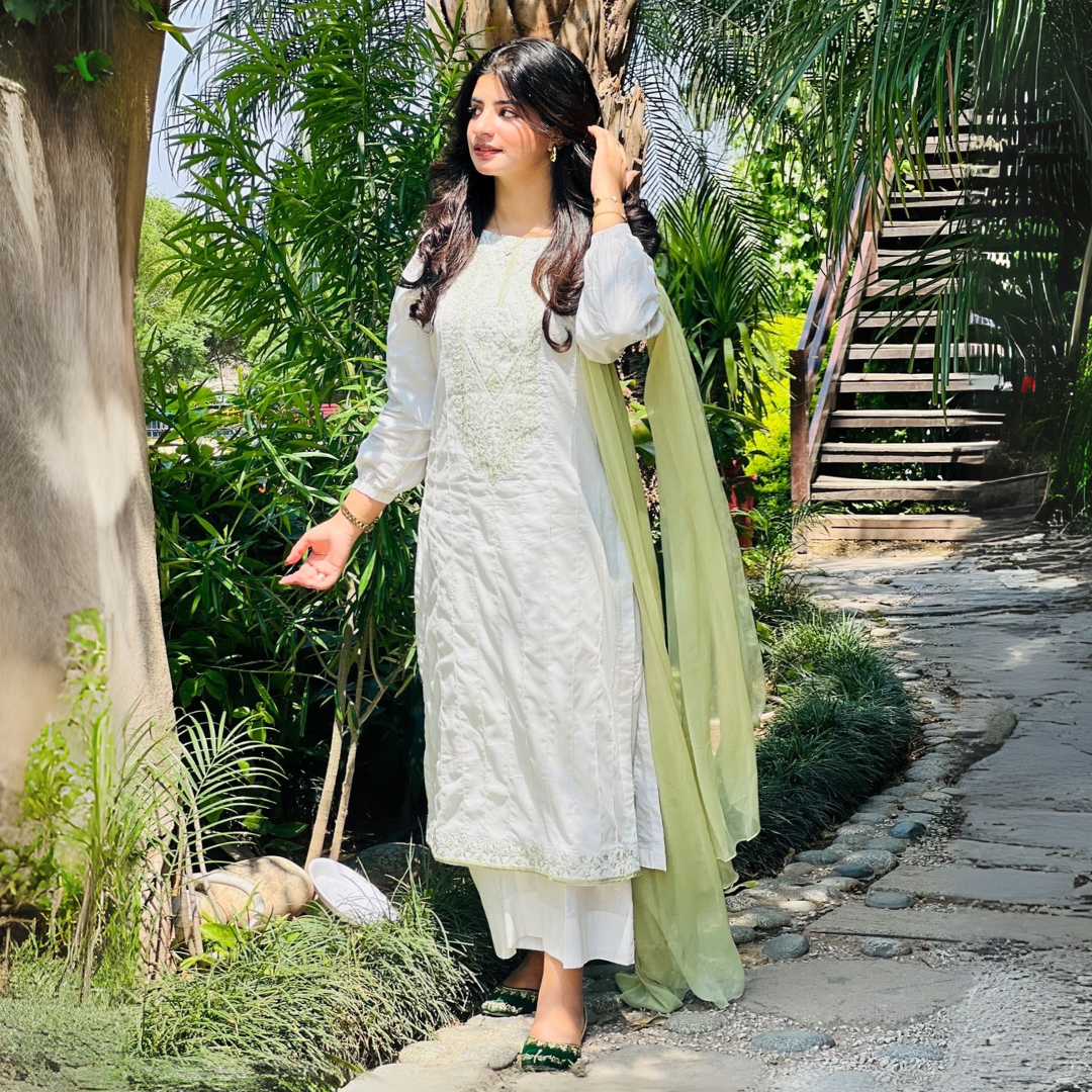 3-piece Embroidered White Lawn Dress with Apple Green Chiffon Dupatta