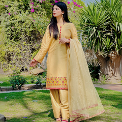 3-piece Embroidered Mustard Yellow Raw Silk Dress