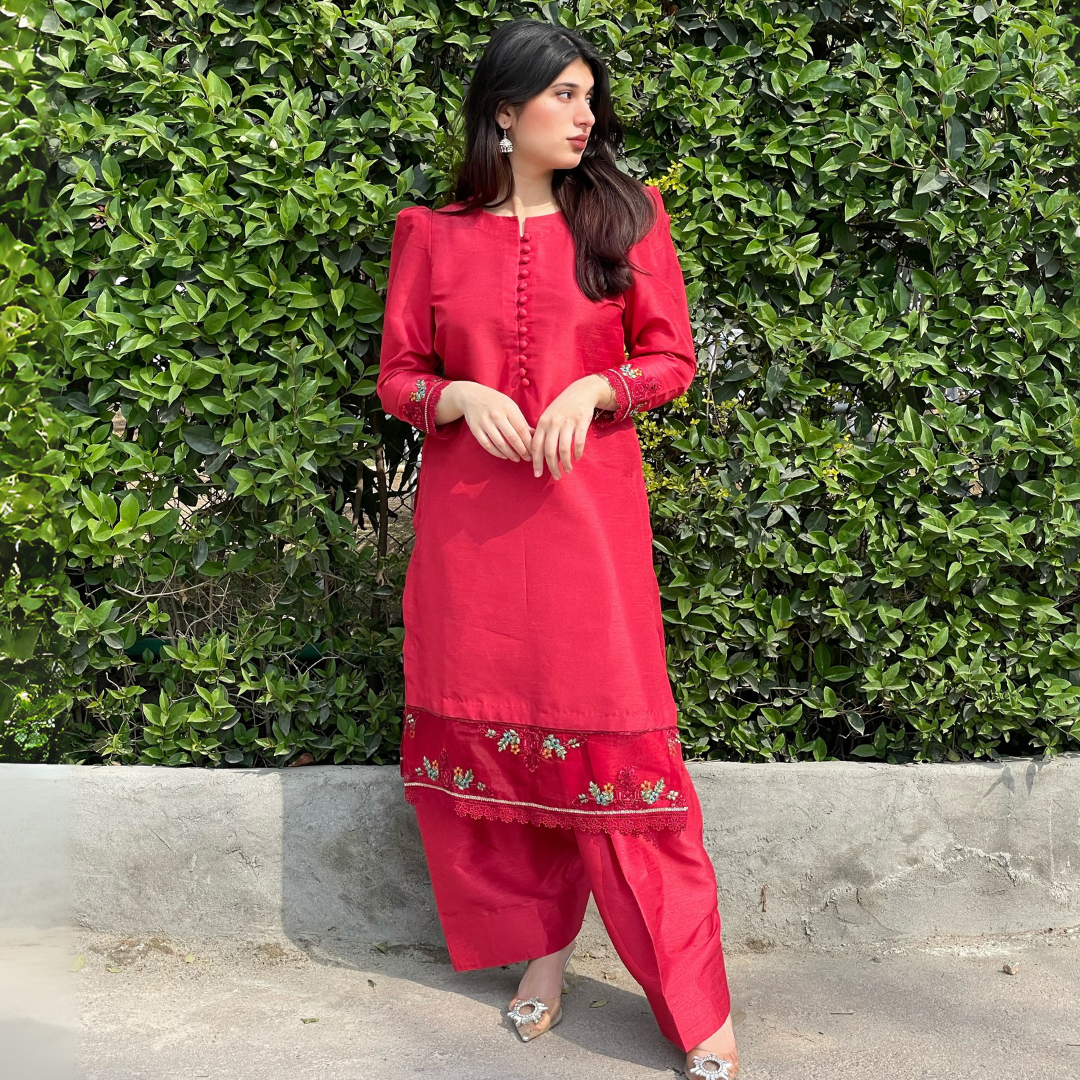 3-piece Embroidered Red Raw Silk Dress