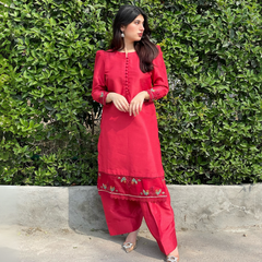3-piece Embroidered Red Raw Silk Dress