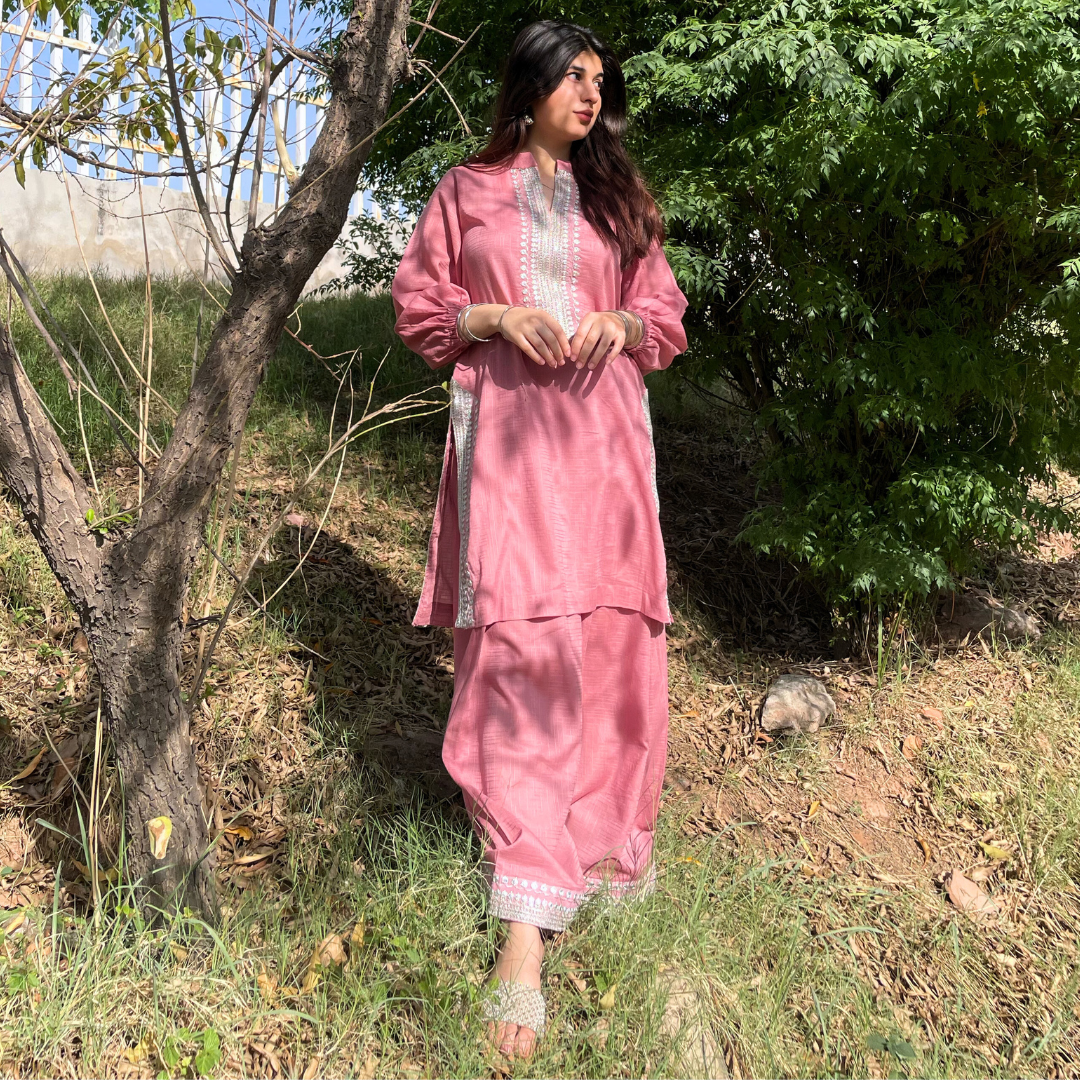 2-piece Embroidered Tea Pink Tarkashi Lawn with Farshi Shalwar