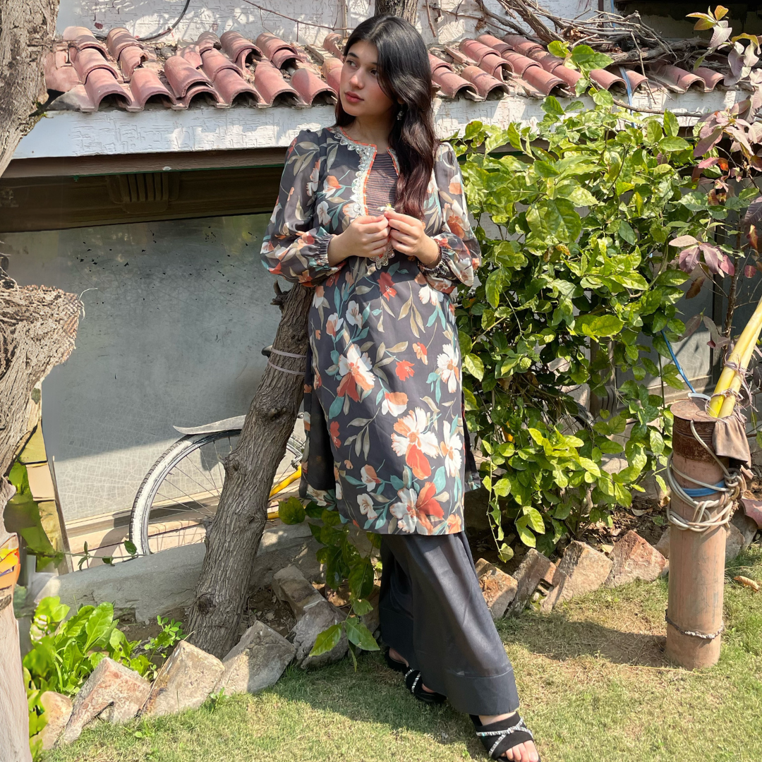 2-piece Printed Chiffon Dark Grey Dress