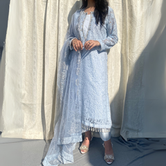 3-piece Hand-worked Light Blue Raw Silk Dress