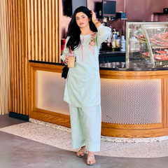 2-piece Embroidered Pistachio Green Doria Lawn Dress with Farshi Shalwar