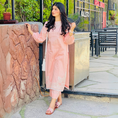 2-piece Peach Self Tarkashi Lawn Dress with Embroidered Patches