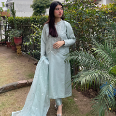3-piece Embroidered Ice Blue Raw Silk Dress