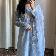 3-piece Hand-worked Light Blue Raw Silk Dress