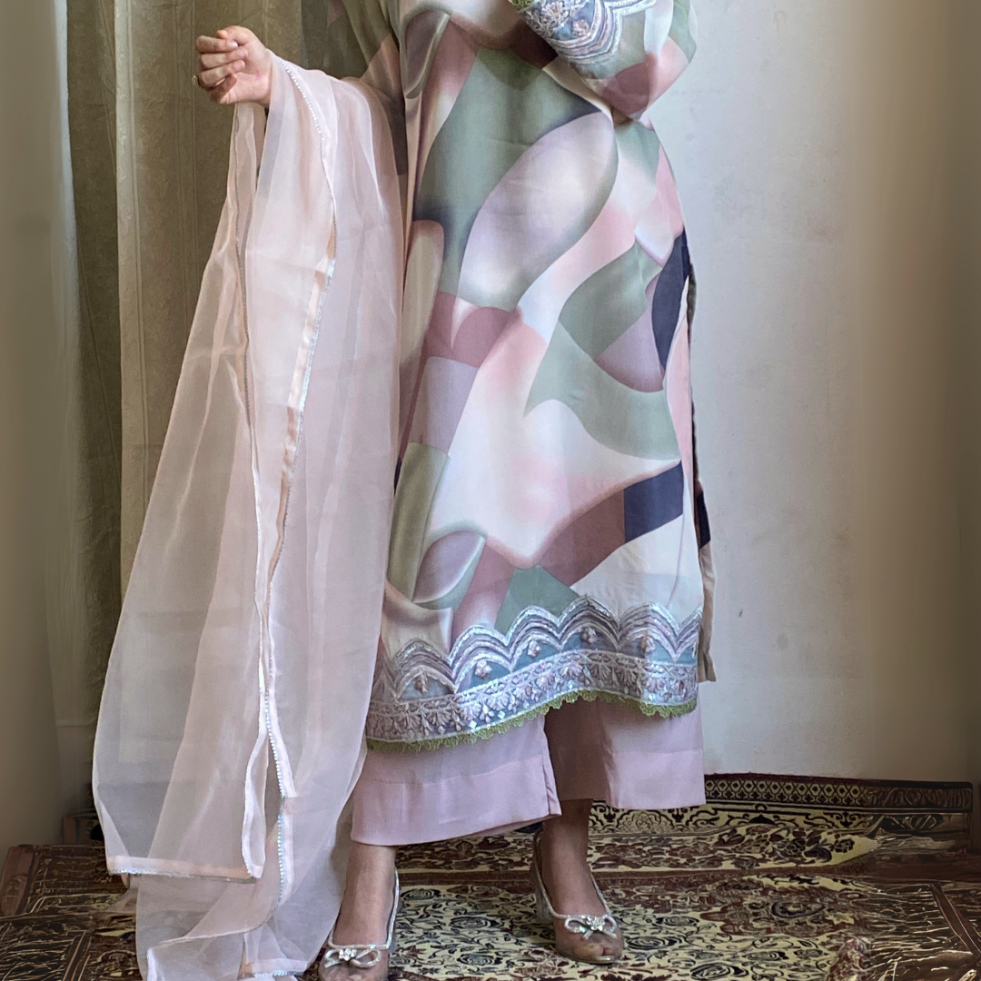 3-piece Embroidered Powder Pink Printed Chiffon Dress